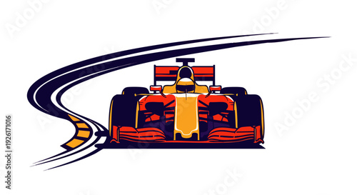 Fast Formula race car on a winding track, dynamic speed lines, vibrant colors, motorsport concept
