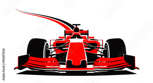 Front view of a sleek, red and black Formula racing car with aerodynamic lines, symbolizing speed and competition.