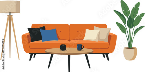 Modern Living Room Interior Vector Illustration with Orange Sofa Coffee Table Floor Lamp and Indoor Plant Decor
