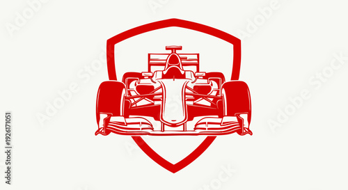 Red racing car emblem, stylized shield logo, symbol of speed, competition, and motorsport excellence
