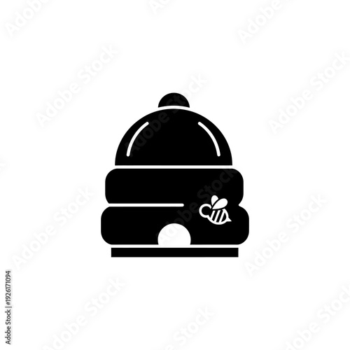 flat minimalist silhouette of traditional beehive with small bee