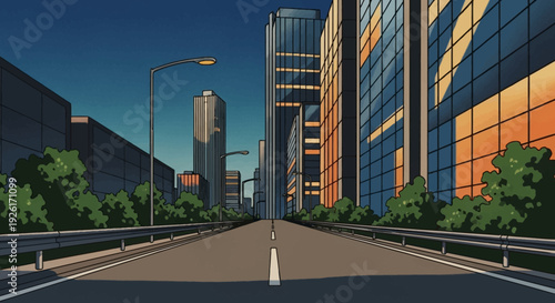 A modern city street leading toward tall skyscrapers clean road perspective glass buildings minimal vector illustration flat design calm atmosphere uncluttered composition