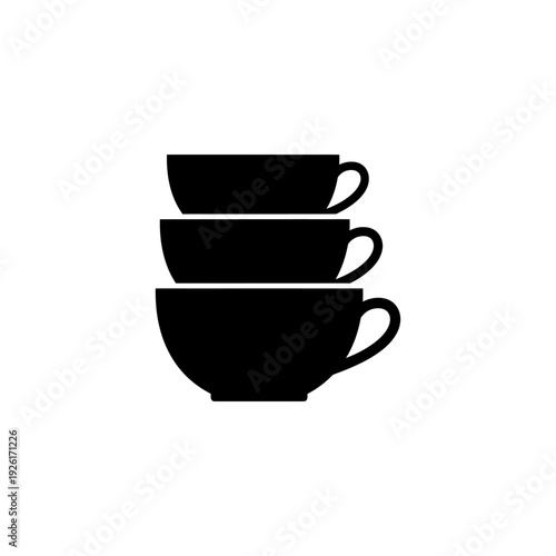 flat black silhouette icon of stacked tea cups, simple clean shapes