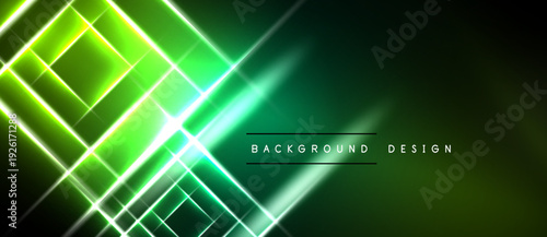 Bright green neon lines intersect dark background. Modern abstract design creates dynamic visual effect. Simple text reads background design.
