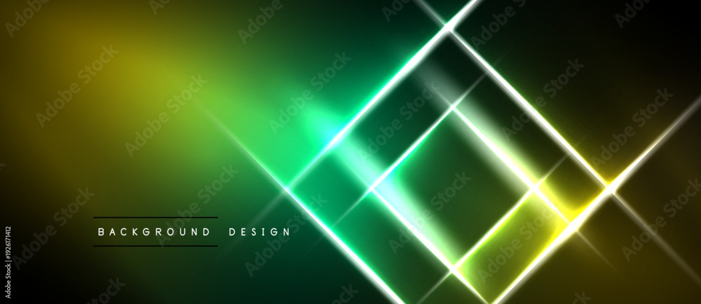 Obraz premium Abstract geometric pattern. Bright neon lines intersect creating glowing squares, gradients blend yellow, green, black. Modern design element.