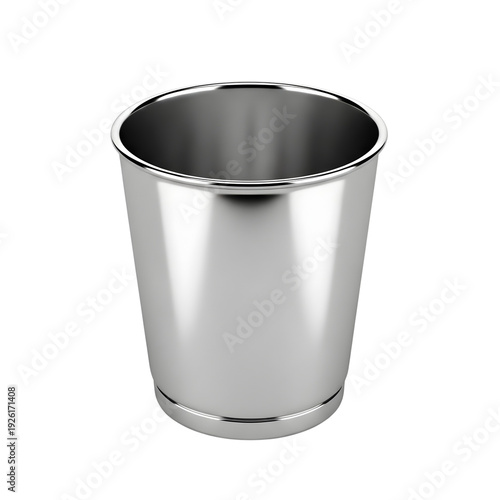 Shiny metal cup viewed from the front on a plain white background photograph