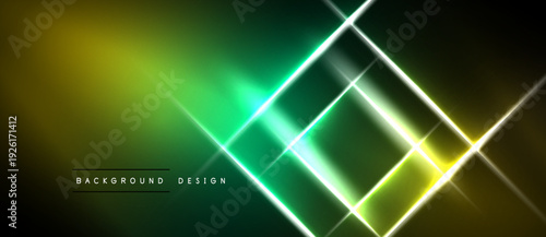 Abstract geometric pattern. Bright neon lines intersect creating glowing squares, gradients blend yellow, green, black. Modern design element.