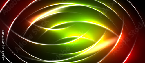 Bright neon lines swirl, creating abstract circular pattern. Vivid green dominates center, framed by red, white glows. Dynamic energy radiates.