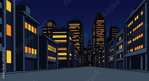 A beautiful night city skyline with tall illuminated skyscrapers glowing windows dark blue sky clean streets minimal vector illustration flat design calm atmosphere uncluttered composition