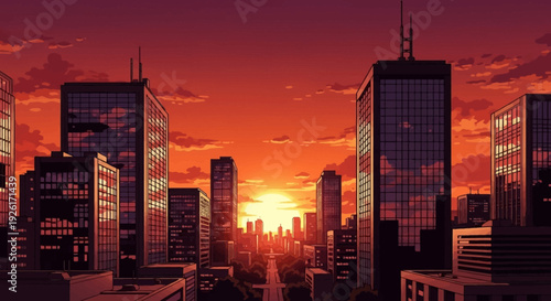 A glowing sunset behind tall modern skyscrapers warm orange sky reflects on glass buildings wide city view minimal vector illustration flat design uncluttered composition