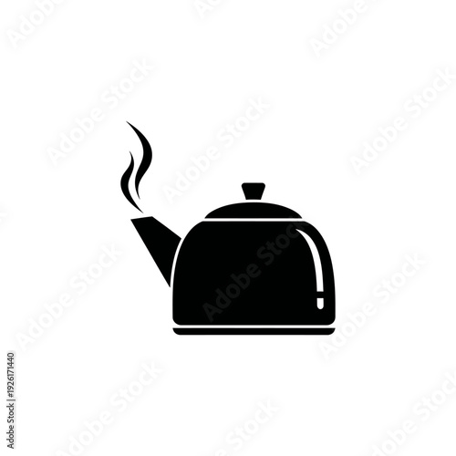 flat vector silhouette of tea kettle with steam, solid black shape