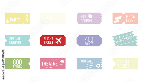 Ticket icon set for various events and rewards in colorful design