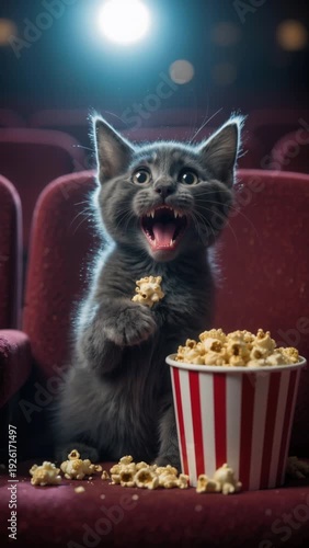Kitten screams while eating popcorn at the movie theater　映画館でポップコーンを食べながら叫んでしまう子猫