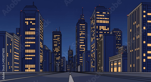 A beautiful night city skyline with tall illuminated skyscrapers glowing windows dark blue sky clean streets minimal vector illustration flat design calm atmosphere uncluttered composition