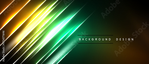 Abstract diagonal lines create vibrant gradient effect. Dark background emphasizes bright neon colors, modern design element.