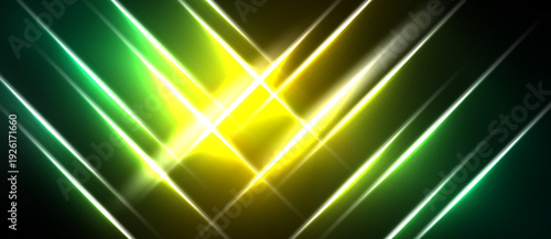 Abstract background features vibrant neon lines, converging toward bright central point. Dark space surrounds glowing geometric shapes.