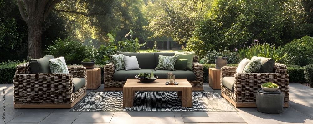Naklejka premium Outdoor living furniture set in lush green backyard garden, natural daylight, modern lifestyle photography