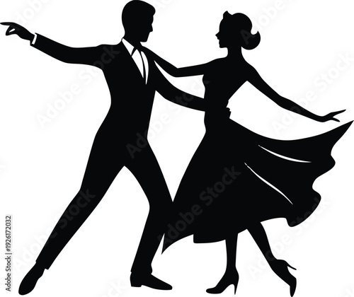 Dancing couple elegant partner dance poses, romantic movement, ballroom and swing dance lifestyle, celebration and love concept silhouettes vector illustration