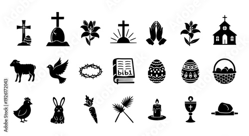 Collection of Easter icons including a cross, church, lamb, bunny, egg, and other religious and festive symbols for celebration and design