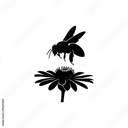 flat illustration silhouette of bee pollinating flower