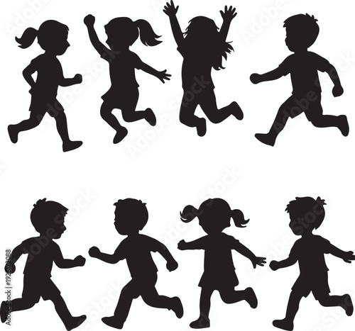 Happy children group of kids jumping running and playing together, active boys and girls collection silhouette vector illustration set