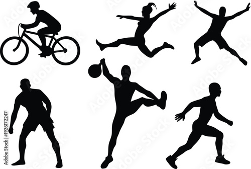 Human action and sport collection showing fitness poses running jumping dancing motorcycle stunts movement strength and dynamic activities pictogram icons silhouette vector