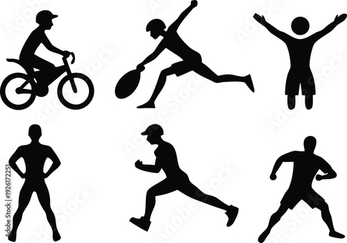 Human action and sport collection showing fitness poses running jumping dancing motorcycle stunts movement strength and dynamic activities pictogram icons silhouettes vector