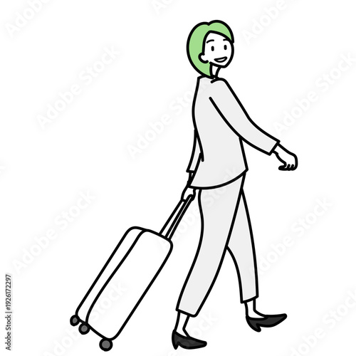 スーツケースを引いて目的地へ向かって歩く笑顔の女性｜出張や旅行での移動や出発のシーンをイメージしたシンプルなイラスト素材