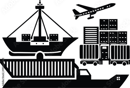 Modern icon set shipping containers, cranes, and a cargo ship illustrate the global logistics and transportation industry silhouette vector