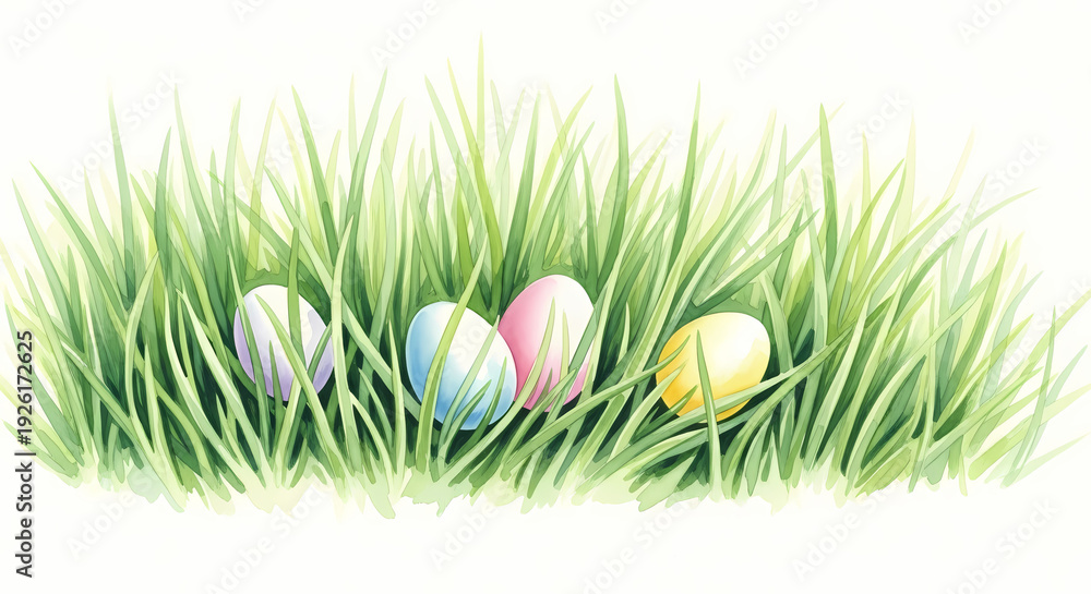 Fototapeta premium Colorful Easter eggs hidden in green grass on white background 