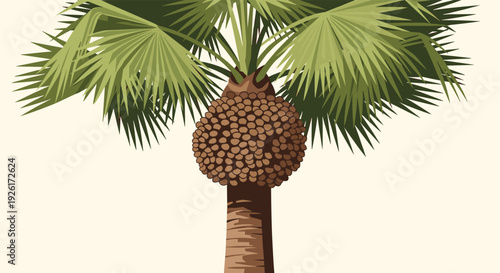 A tropical fan palm tree laden with a large cluster of brown, round fruits against a plain, light-colored background.