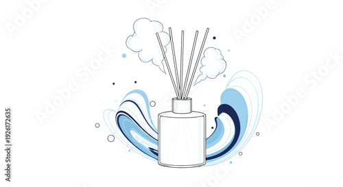 A minimalist illustration depicting a reed diffuser emitting a fresh, aquatic aroma, surrounded by serene blue waves and delicate bubbles.