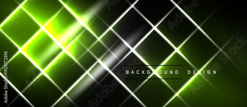 Abstract neon lines form diamond pattern over dark background. Bright green glows intersect with white highlights. Modern design element.