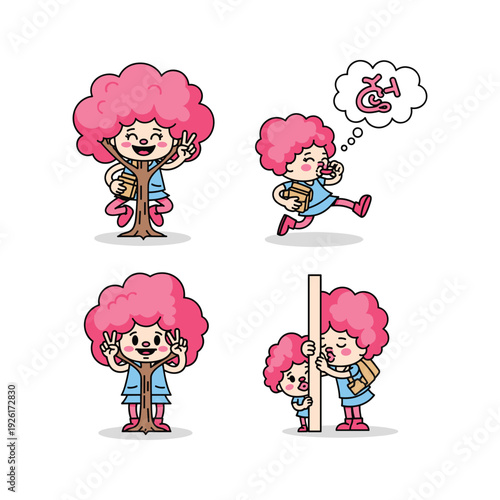 Cartoon girl with pink hair experiencing different emotions and actions with copy space