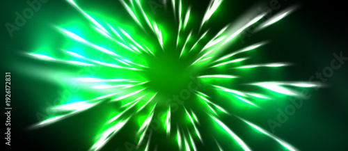 Bright green energy burst radiates outward. Intense light streaks emanate from central point, dark background contrasts vivid glow.