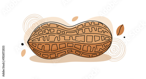 Simple line art drawing of a single peanut in its textured shell, complemented by abstract organic shapes and swirls.