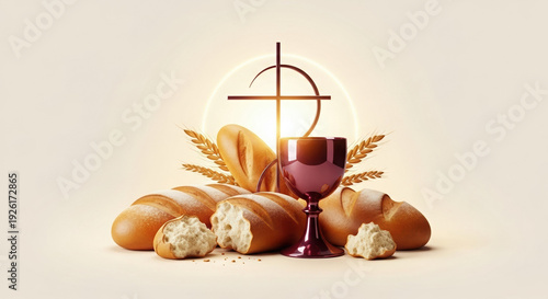 Communion elements with bread and wine on neutral background  