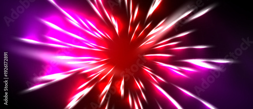 Bright explosion radiates outward. Vivid pinks, reds dominate dark background. Intense energy, dynamic visual effect.