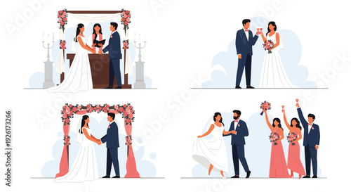 Illustrations depicting various stages of a wedding, from the ceremony and vows to the celebration and toast with friends and family.