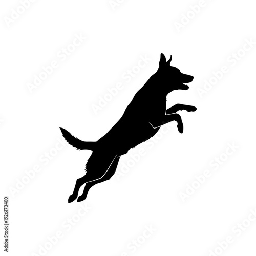 flat minimalist silhouette of rescue dog jumping playfully, solid black shape