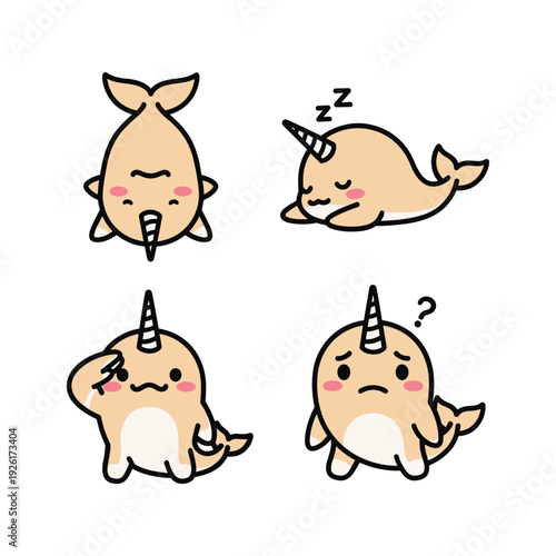 Cute cartoon narwhal with different emotions and facial expressions on white background