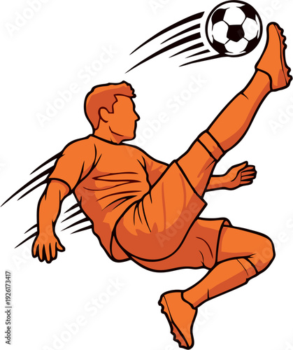 Dynamic orange soccer player silhouette performing bicycle kick vector illustration