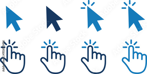Click and point hand cursor icon set featuring computer mouse click, pointer, and navigation symbols