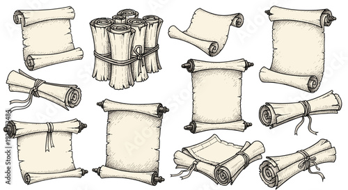 Hand-drawn vintage parchment scrolls, some tied, some partially unrolled, depicting ancient documents and maps in an antique, engraved style.