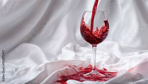 Red Wine Being Poured into a Glass with Spills on White Fabric.