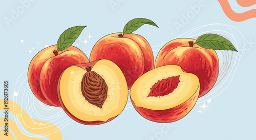 Illustration of fresh, ripe peaches, whole and halved, revealing juicy flesh and pits, on a light blue background with abstract decorative elements.