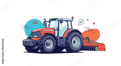 Modern red agricultural tractor with a tillage implement operating on a farm, depicted in a clean, flat design illustration.