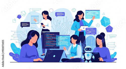 Women working collaboratively on computers with a robot surrounded by coding screens and digital communication icons