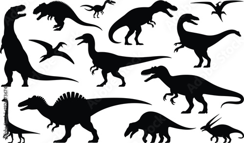 Collection of dinosaur silhouettes featuring Tyrannosaurus, Triceratops, Stegosaurus, Velociraptor, Brachiosaurus, Pteranodon, prehistoric creatures educational illustration set