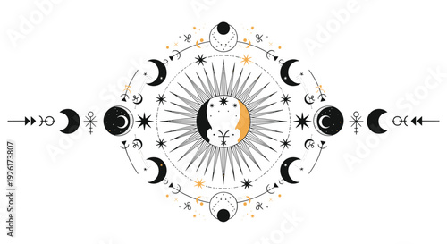 A captivating celestial design showcasing sun and moon phases with mystical symbols and stars, forming an intricate spiritual mandala.